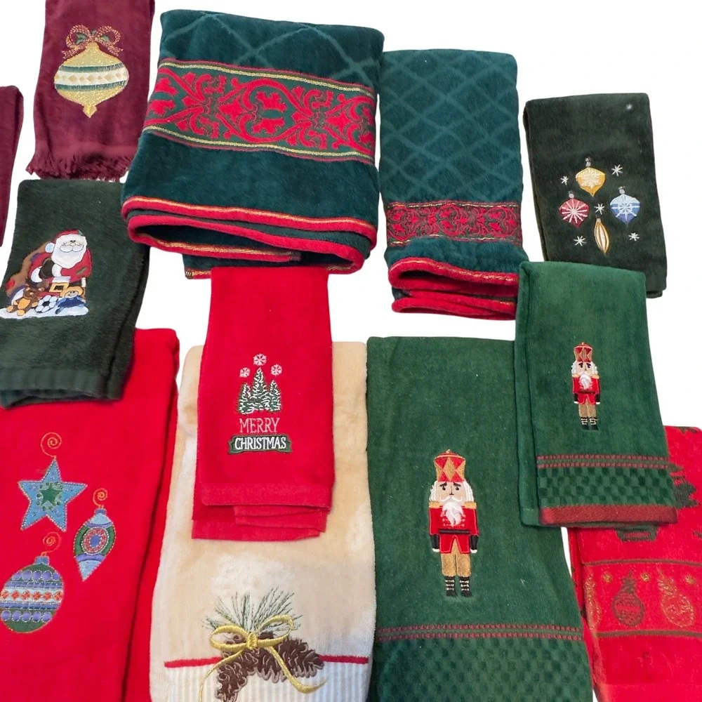 Vtg Christmas Holiday Hand Towel Lot 18pc Nutcracker Santa Embroidered Red Green